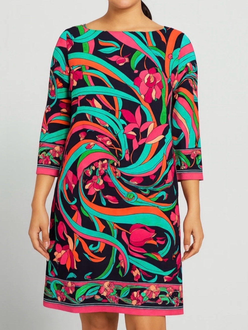 LONDON TIMES vibrant retro Navy Pink & Teal swirl shift 3/4 sleeve dress Sz 10 - Picture 9 of 9